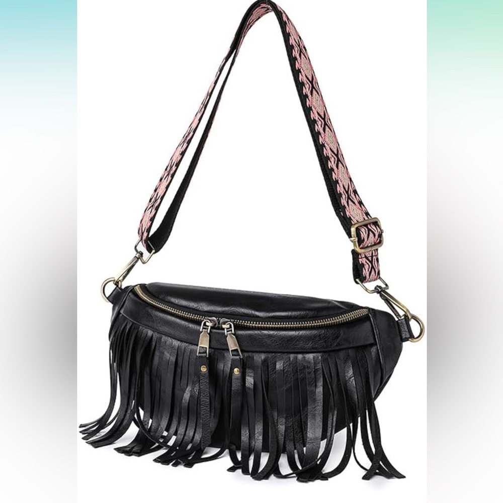 Fringe Adjustable Crossbody Sling Bag Purse Fanny Pack Black